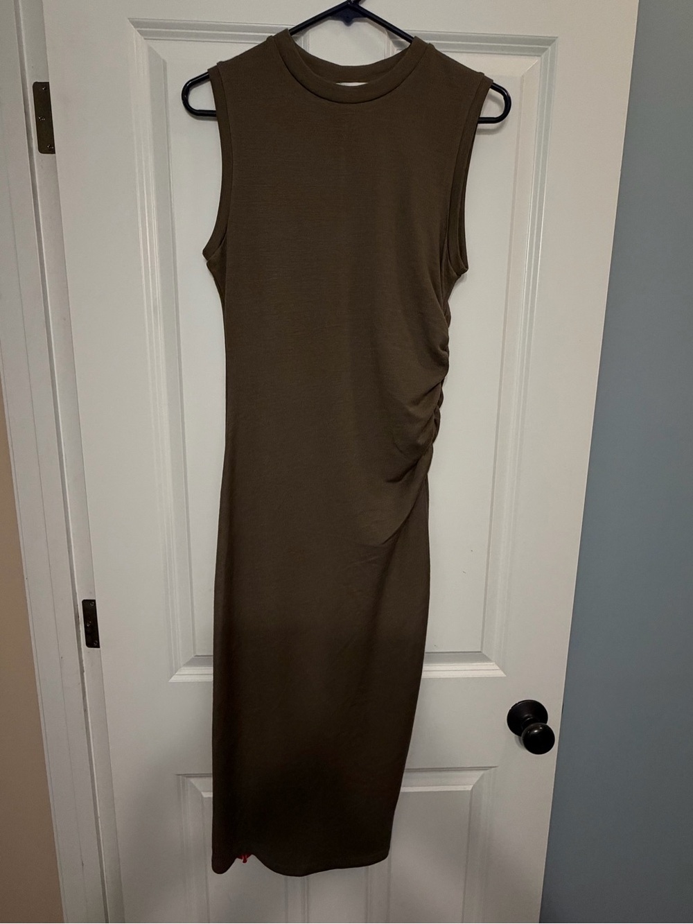 Vince Olive Green Sleeveless Midi Dress with Side Ruching